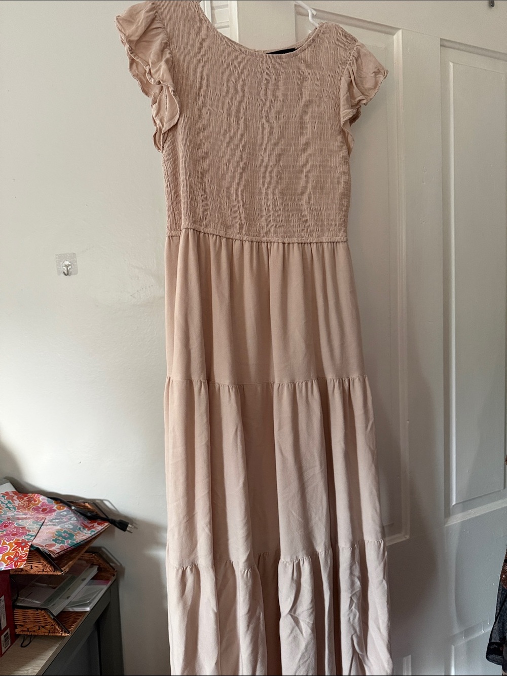 Light Blush Tiered Maxi Dress with Ruffle Sleeves